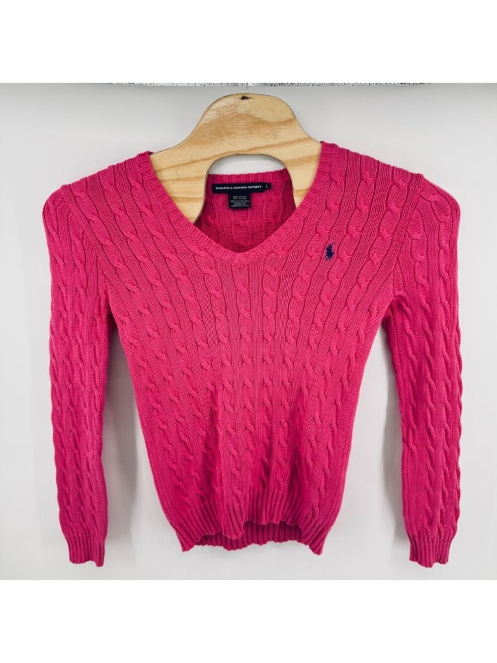 Ralph Lauren Sport Cable Knit V Neck Sweater Pink With Blue Pony Size L Cotton